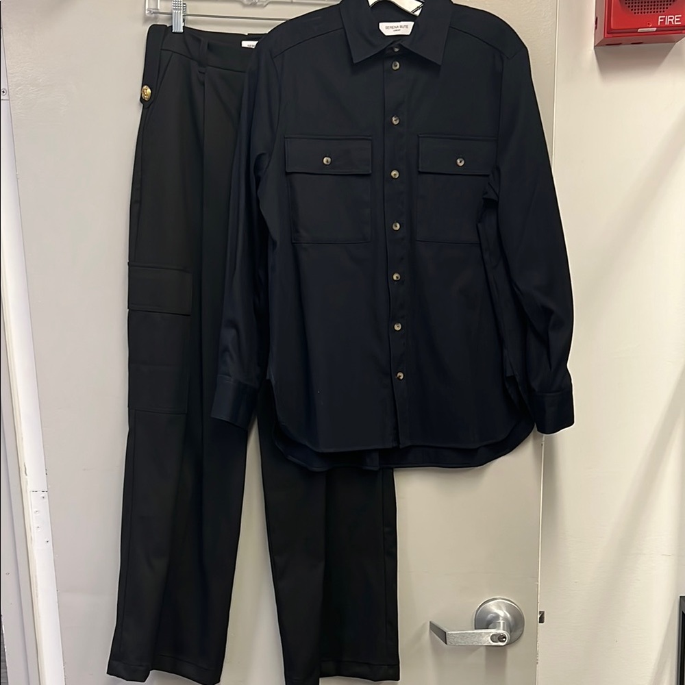 Serena Bute black cotton drill shirt and cargo pants set.